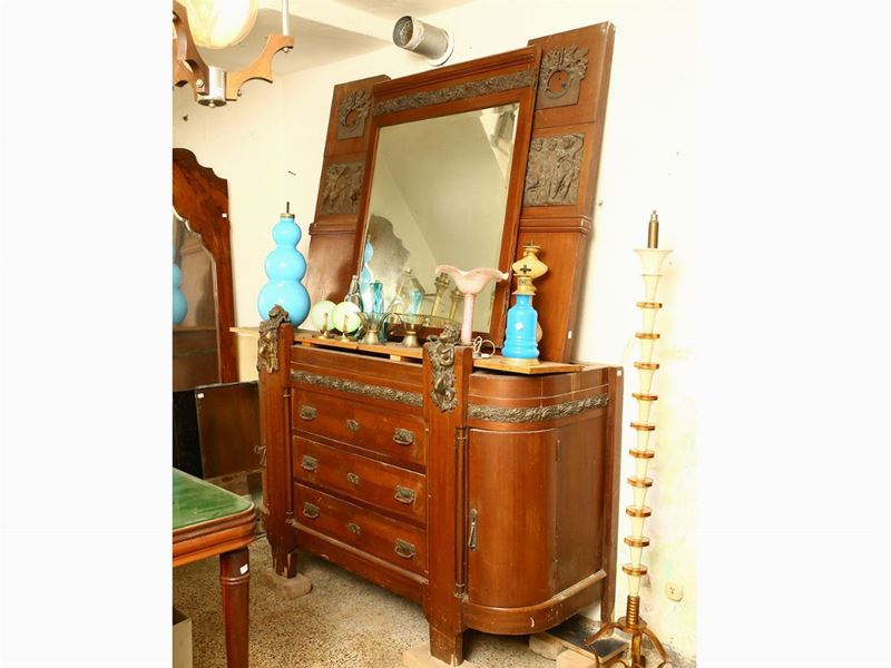 Cassettone con Specchiera Impiallacciato in Satinwood
