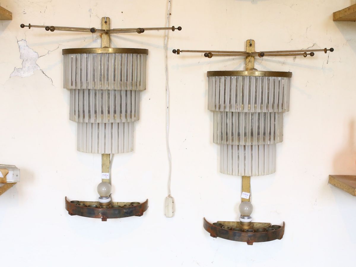 Coppia di Grandi Applique a Mongolfiera in Ottone e Vetro Pulegoso