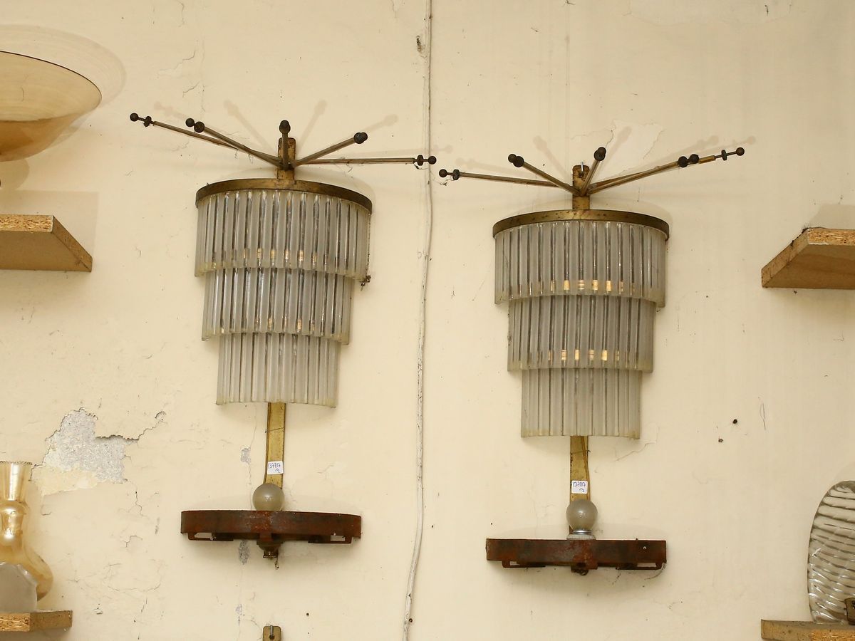 Coppia di Grandi Applique a Mongolfiera in Ottone e Vetro Pulegoso