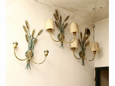 Serie di Tre Applique in Metallo Laccato Verde e Dorato