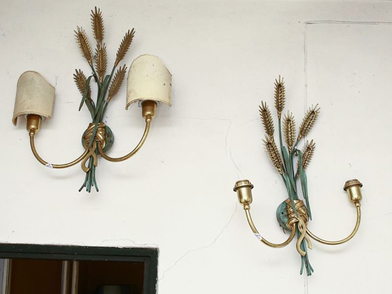 Coppia di Applique in Metallo Laccato Verde e Dorato