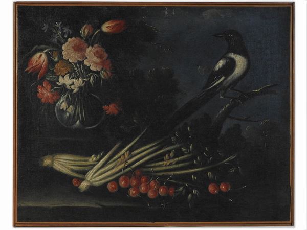 Giuseppe Pesci - Natura morta con fiori, ortaggi, ciliegie e gazza ladra