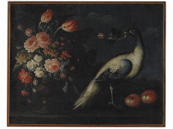 Giuseppe Pesci - Natura morta con fiori, frutta e pavone
