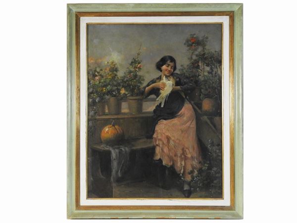Angiolo Romagnoli attribuito (1836-1890) - Ragazza che tiene una colomba