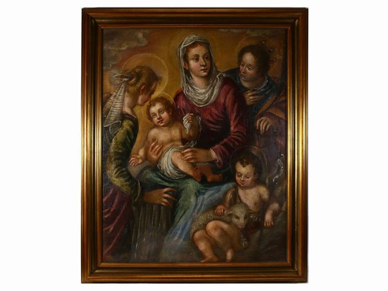 Scuola di Jacopo Robusti, Detto il Tintoretto - Madonna con Bambino, San Giovannino, Santa Cateri...