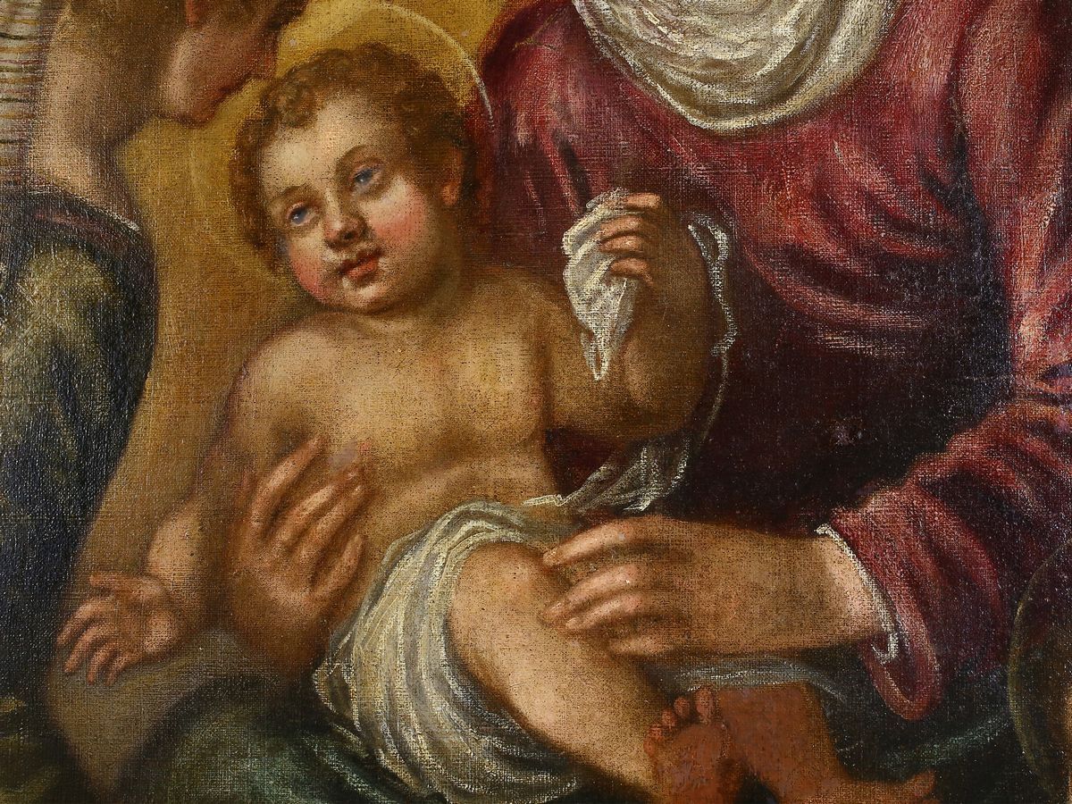Scuola di Jacopo Robusti, Detto il Tintoretto - Madonna con Bambino, San Giovannino, Santa Cateri...