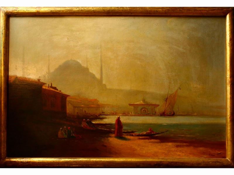 Pittore Orientalista della Fine del XIX Secolo - Veduta del Bosforo (veduta di Istambul con Santa...