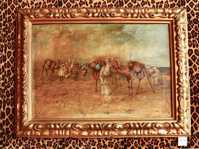 Pittore Orientalista della Fine del XIX Secolo - Carovana di Beduini nel Deserto