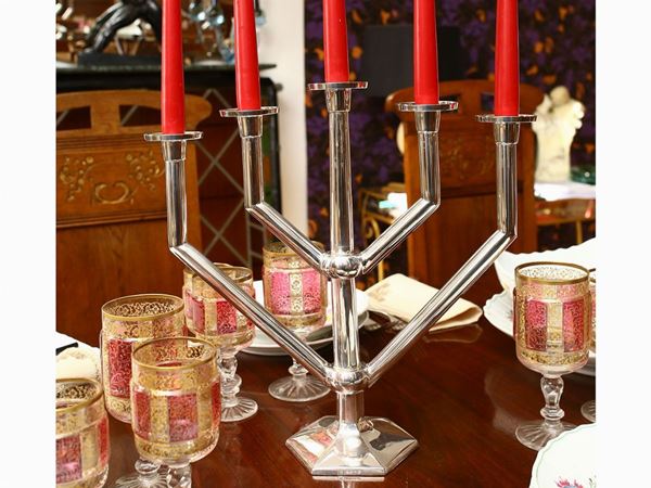 Pair of silver-plated metal candlesticks in a Deco style