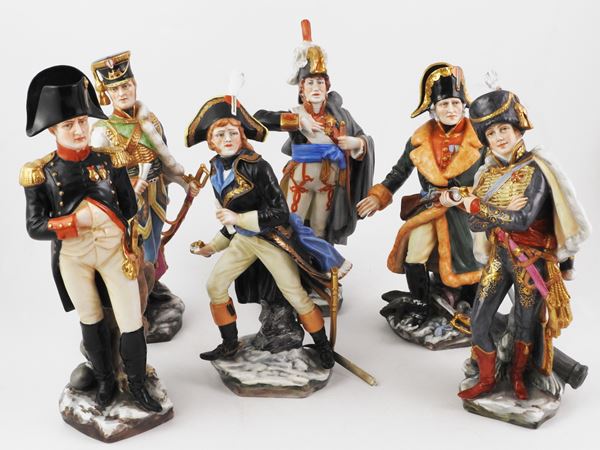 Series of six Napoleonic figures in polychrome porcelain, Richard Ginori