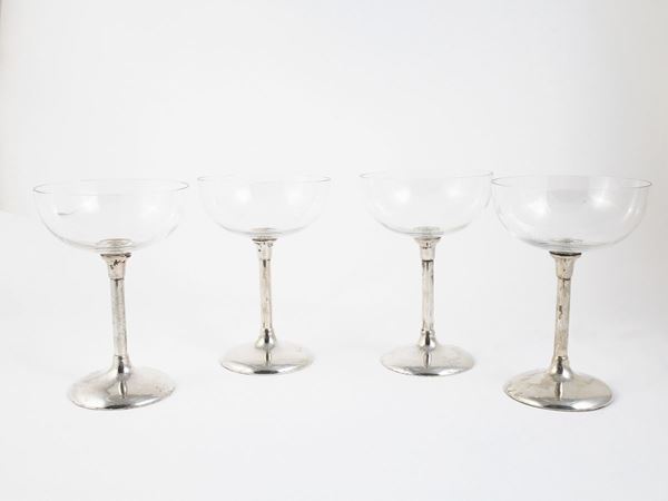Serie di dodici calici da champagne in cristallo e argento