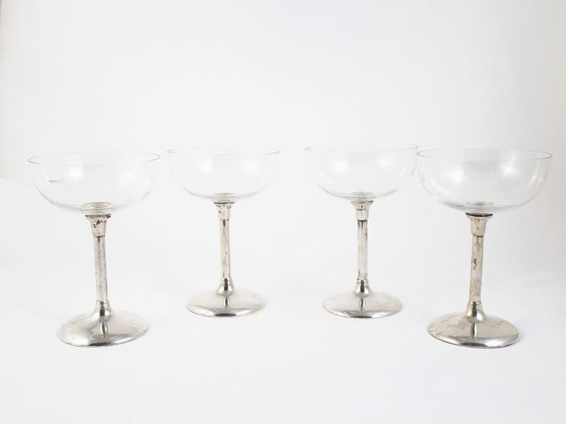Serie di Dodici Calici da Champagne in Cristallo e Argento