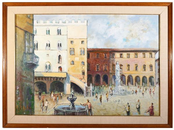 Emanuele Cappello : View of a square with characters  - Auction Modern and Contemporary Art - Maison Bibelot - Casa d'Aste Firenze - Milano