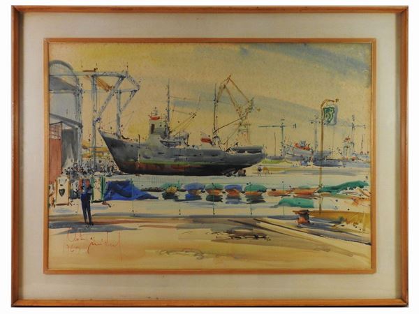Michele Ortino : View of a port 1940  - Auction Modern and Contemporary Art - Maison Bibelot - Casa d'Aste Firenze - Milano