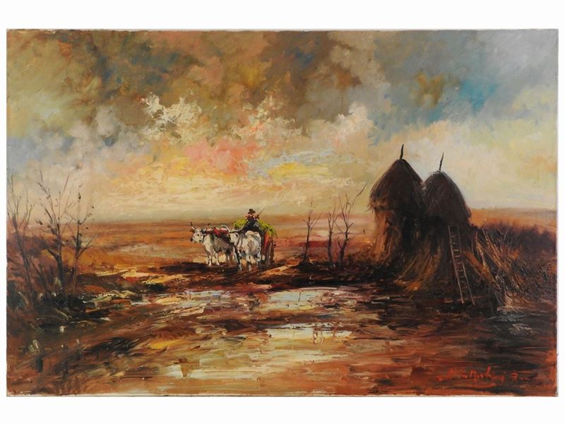 Norberto Martini - Paesaggio di Campagna con Contadino e Buoi