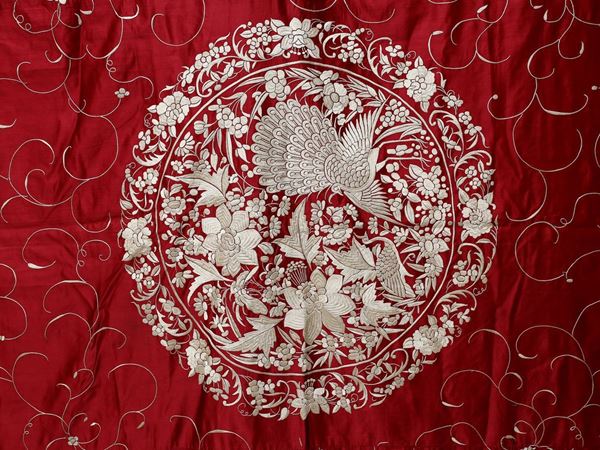 Oriental embroidered burgundy silk bedspread