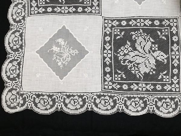Embroidered fine linen, organza and white cotton tablecloth