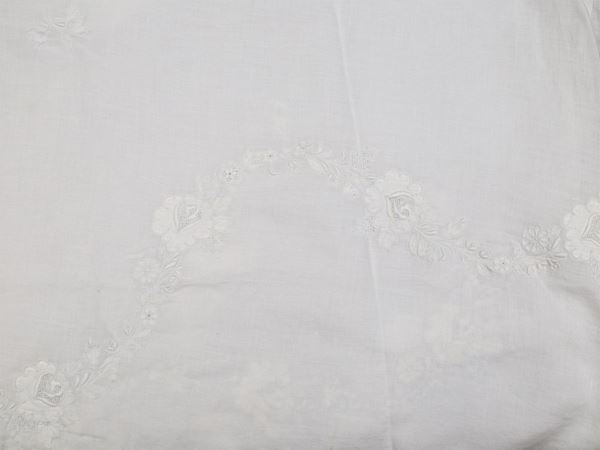 Embroidered fine white linen tablecloth