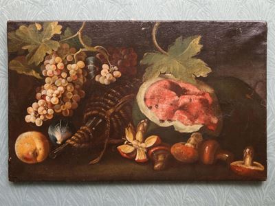 Natura Morta con Frutta, Fiasca e Funghi