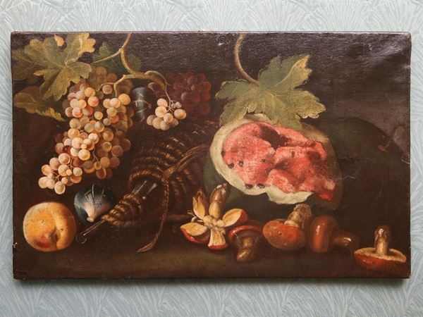 Scuola toscana del XVII secolo - Natura morta con frutta, fiasca e funghi