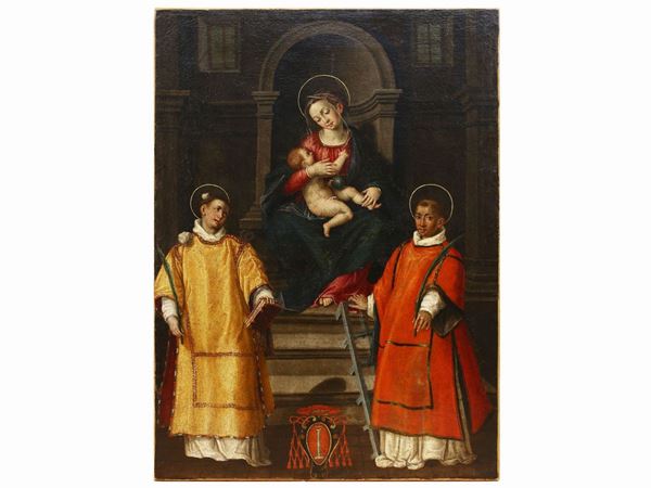 Cerchia di Scipione Pulzone - Madonna con il Bambino in trono, tra i santi Stefano e Lorenzo