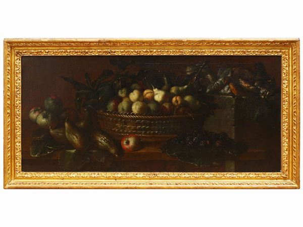 Scuola toscana del XVII secolo - Still life with fruit basket, mushrooms and blackberries