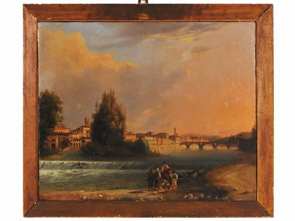 Veduta di Firenze dall'Arno con personaggi