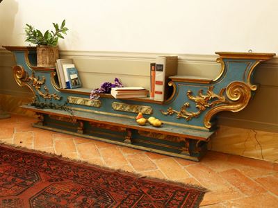 Gradino D'altare in Legno Laccato Azzurro e Lumeggiato in Oro