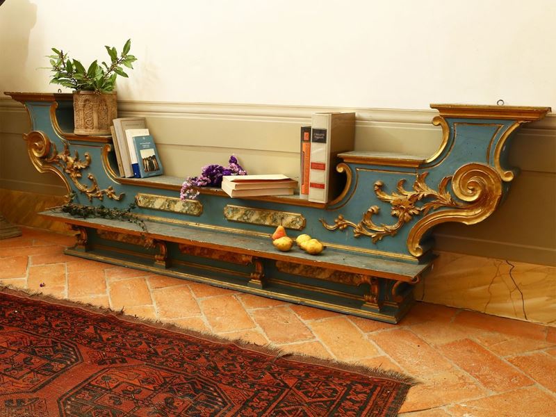 Gradino D'altare in Legno Laccato Azzurro e Lumeggiato in Oro