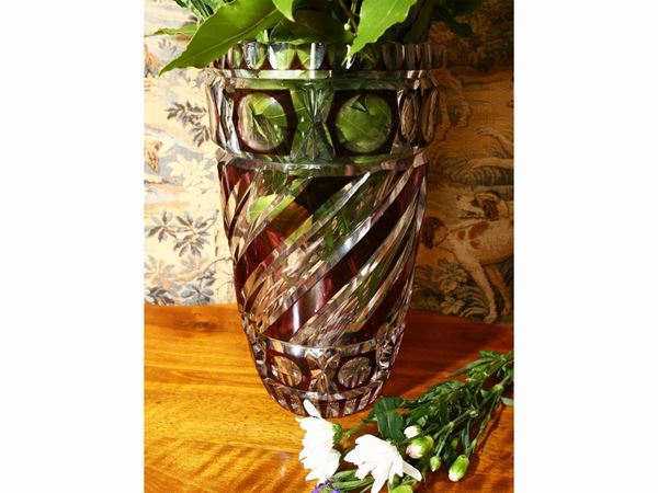 Large flower vase in double colorless and purple crystal