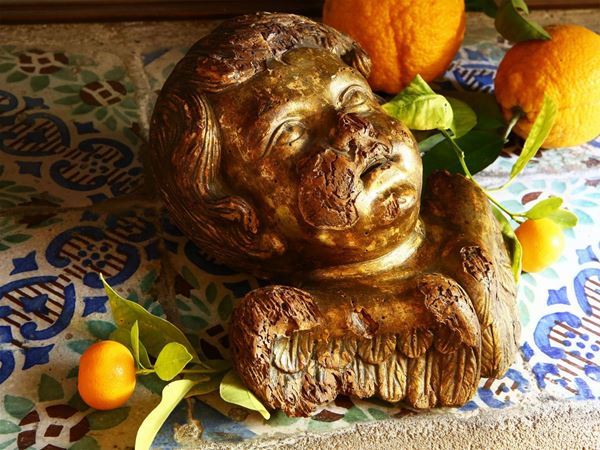 Cherub head in carved and gilded wood