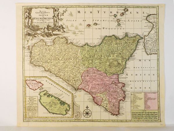 Georg M&#228;tthaus Seutter - Mappa Geographica totius Insulae et Regni Siciliae cura graphio et impensis 1730 circa