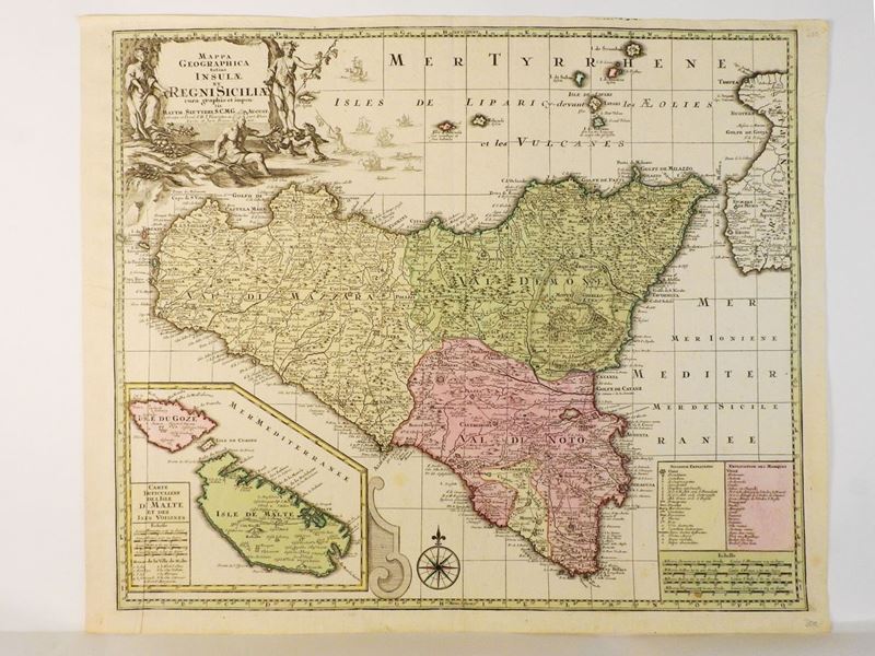 Georg Mätthaus Seutter - Mappa Geographica Totius Insulae Et Regni Siciliae Cura Graphio Et Impen...