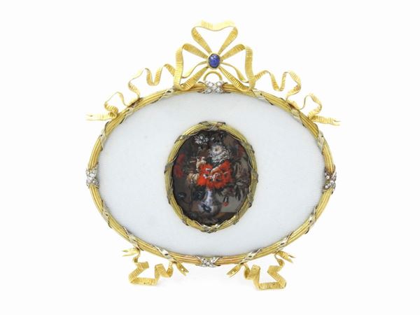 Yellow gold and silver table picture frame with enamels, diamonds and central miniature