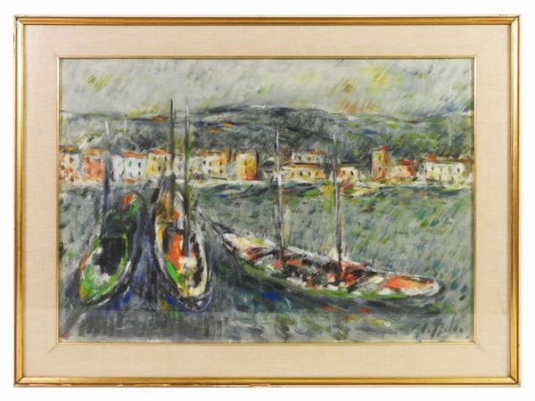 Emanuele Cappello : Paesaggio marino con barche  - Asta L'Arte di Arredare - Maison Bibelot - Casa d'Aste Firenze - Milano
