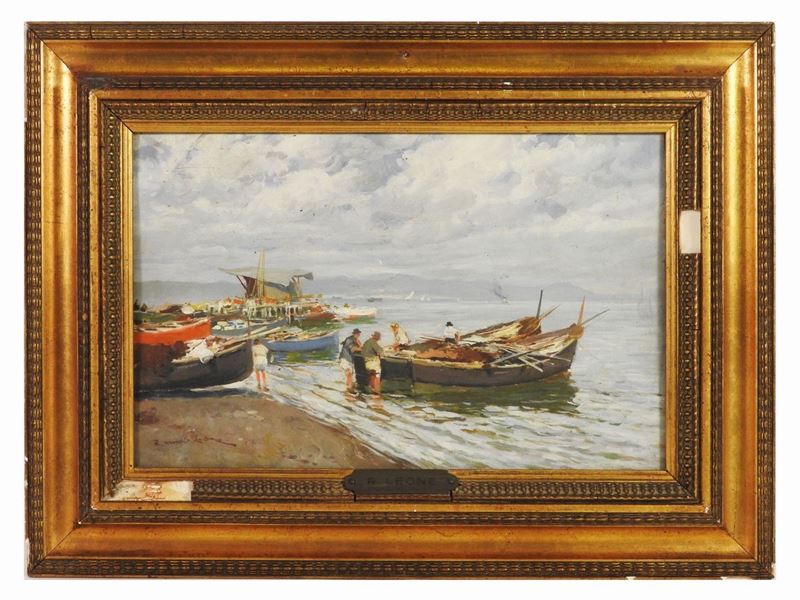 Romolo Leone - Paesaggio Marino con Barche e Pescatori