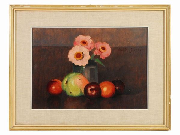 Valentino Ghiglia - Natura morta con vaso di fiori e frutta