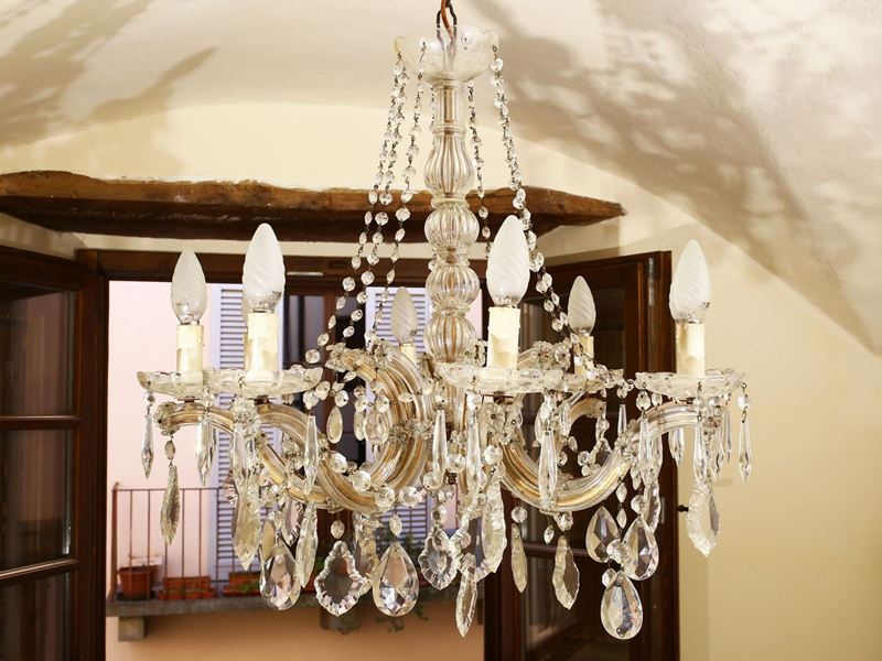 Lampadario in Metallo Dorato e Vetro