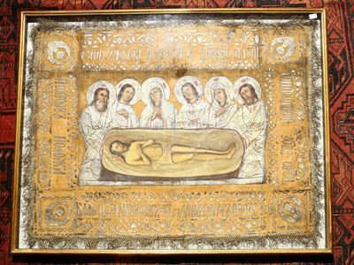 Antico Epitaffio Ortodosso (plashchanitza) in Tessuto Dipinto a Mano