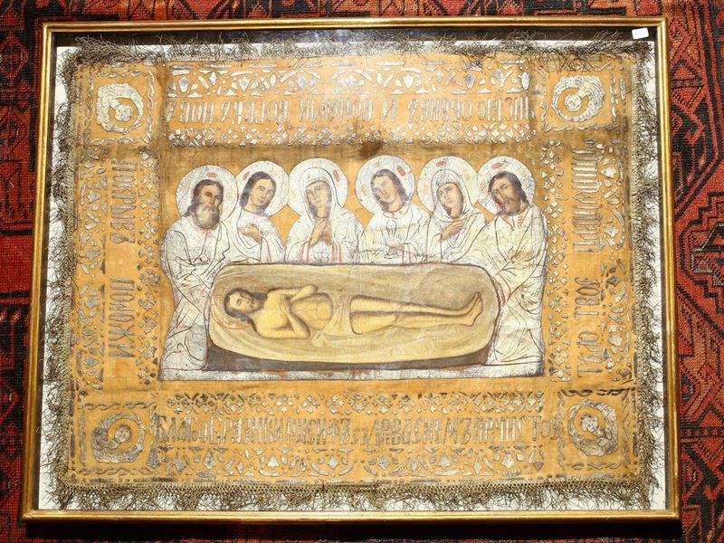 Antico Epitaffio Ortodosso (plashchanitza) in Tessuto Dipinto a Mano
