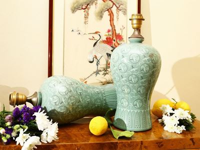 Coppia di Lumi da Tavolo in Ceramica Color Verde Acqua