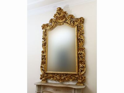 Grande Specchiera in Legno Intagliato e Dorato