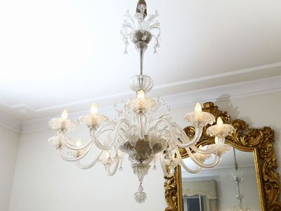 Grande Lampadario in Vetro Incolore di Murano