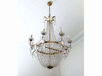 Lampadario a Paniere in Metallo Dorato, Tole e Cristallo