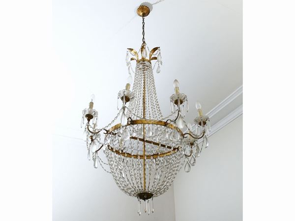 Basket chandelier in gilded metal, tolle and crystal