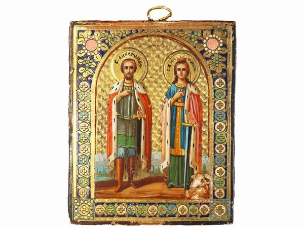 Scuola russa del XIX secolo - Icon with a gold background depicting a couple of saints