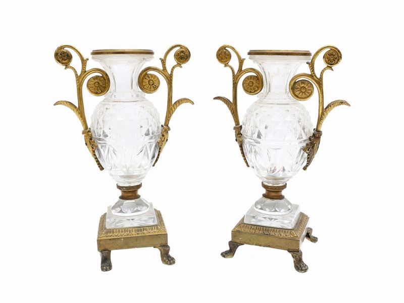 Coppia di Vasi in Cristallo e Bronzo Dorato