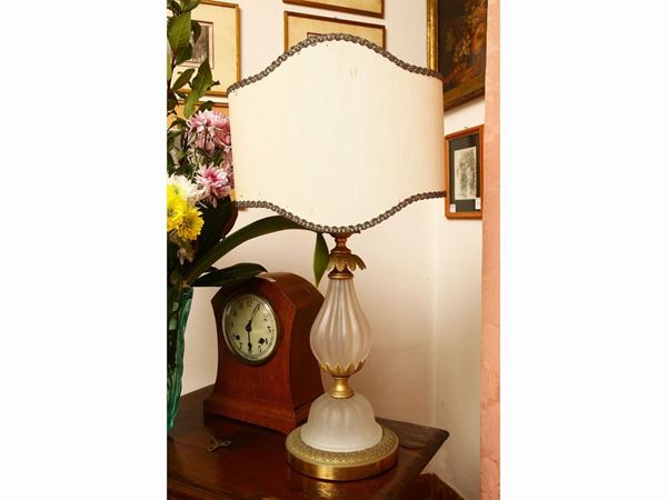 Pair of table lamps in satin glass and gilded bronze
