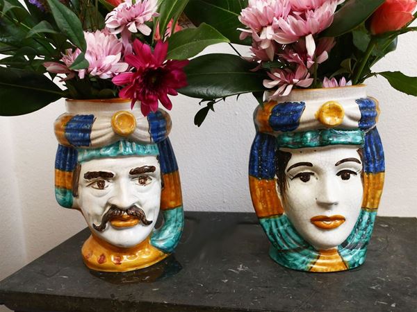 Pair of anthropomorphic vases  (Caltagirone manufacture)  - Auction Furniture and Paintings from the Piero Quaglia Foundation - Maison Bibelot - Casa d'Aste Firenze - Milano