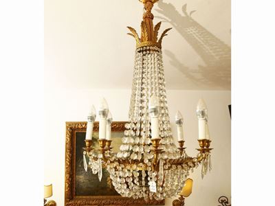 Lampadario a Paniere in Bronzo Dorato
